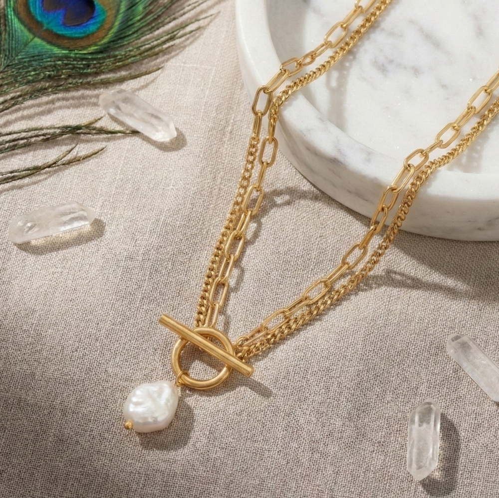 18K Gold Plated Steel Pearl Toggle Necklace Minimalist Water Resistant Gift - Picture 5 of 16